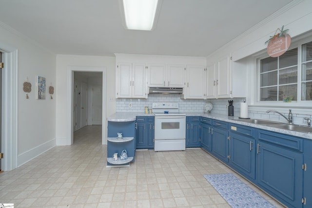 kitchen featuring white cabinetry, electric stove, sink, and blue cabinets