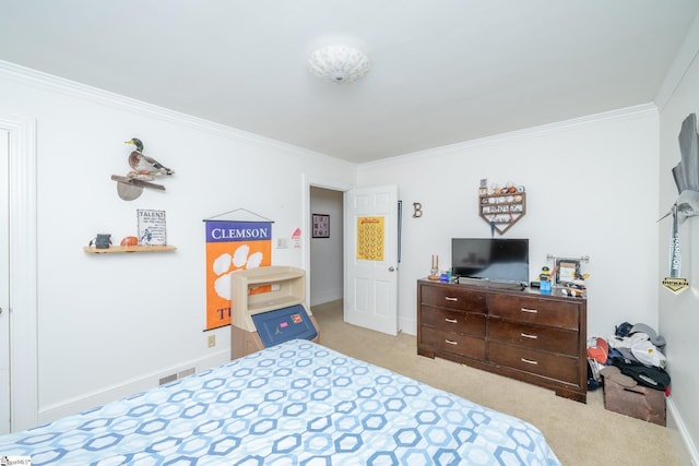 bedroom with crown molding and light carpet