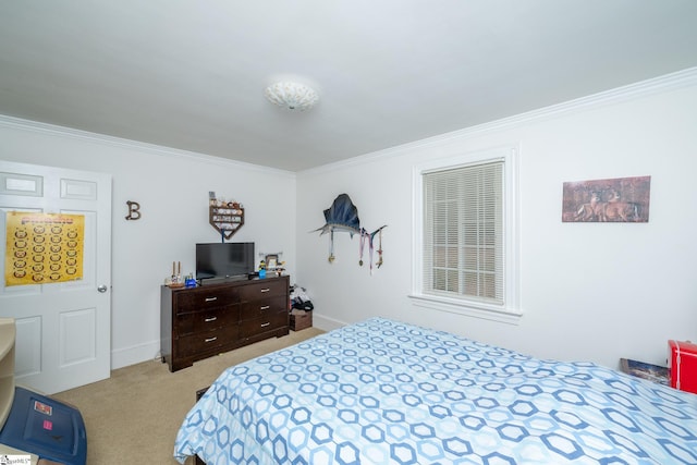 carpeted bedroom with crown molding