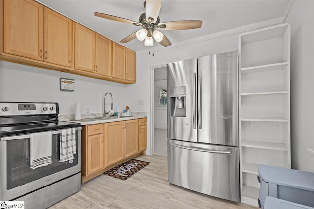 kitchen featuring ceiling fan, sink, light brown cabinets, appliances with stainless steel finishes, and light wood-type flooring