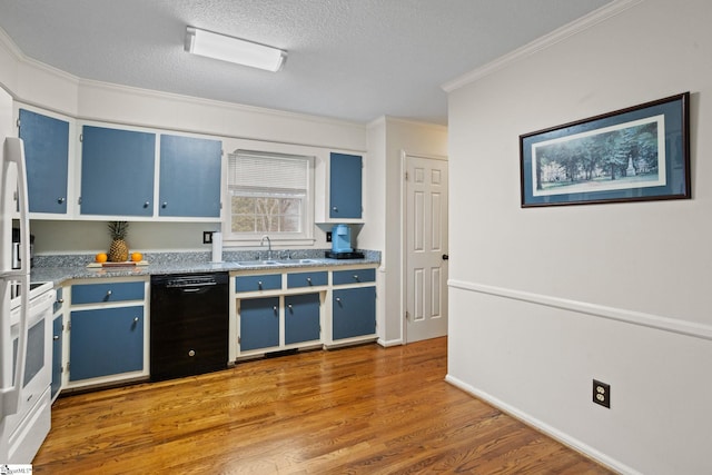 kitchen featuring blue cabinetry, sink, black dishwasher, and a textured ceiling