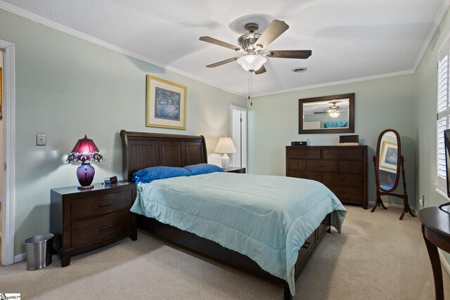 bedroom with ceiling fan, crown molding, and light carpet