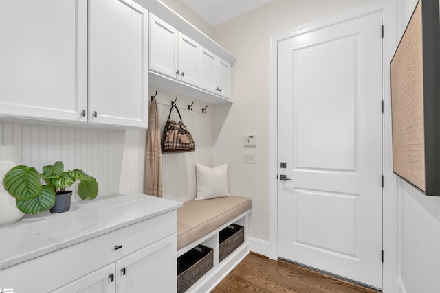 mudroom featuring dark wood-type flooring