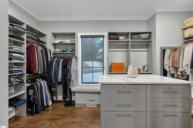 spacious closet with dark hardwood / wood-style flooring