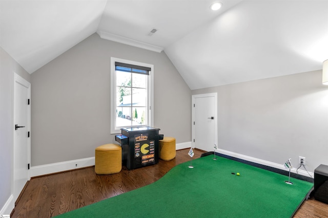 game room with lofted ceiling and wood-type flooring