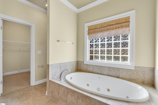 bathroom featuring tile patterned flooring, a relaxing tiled tub, and ornamental molding