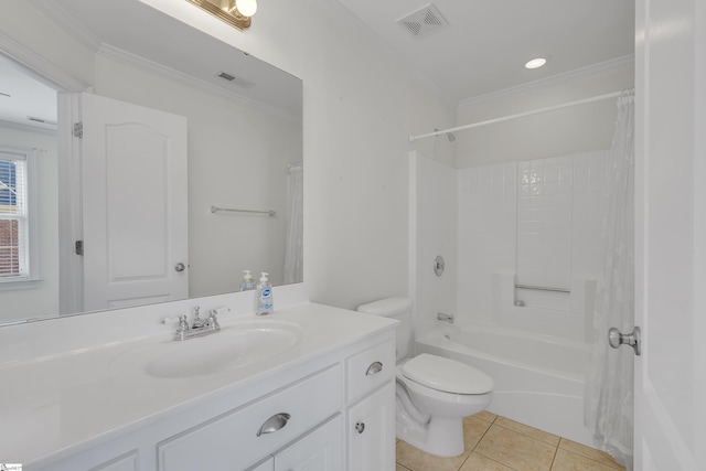 full bathroom with tile patterned floors, vanity, toilet, and ornamental molding