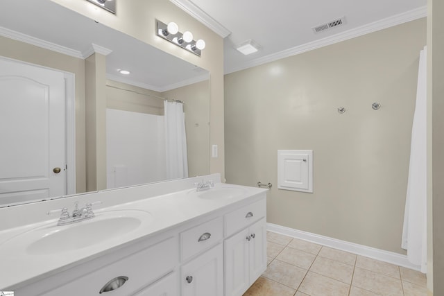 bathroom with tile patterned floors, crown molding, vanity, and walk in shower