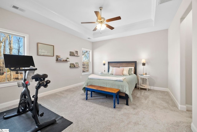 carpeted bedroom featuring a raised ceiling and ceiling fan