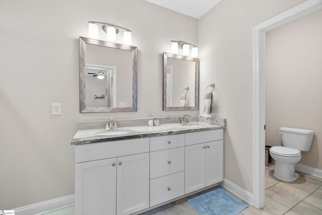 bathroom featuring tile patterned flooring, vanity, ceiling fan, and toilet