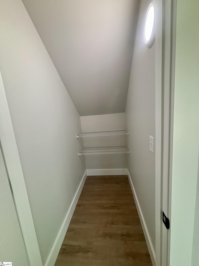 spacious closet with vaulted ceiling and dark wood-type flooring