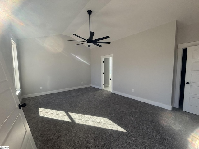 interior space with ceiling fan and vaulted ceiling