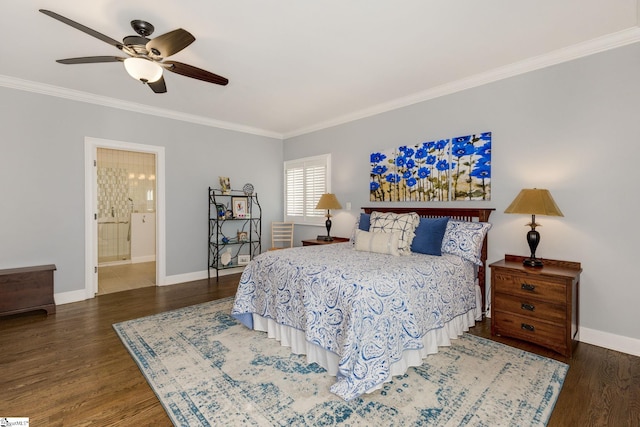 bedroom featuring dark hardwood / wood-style flooring, ensuite bath, ceiling fan, and ornamental molding