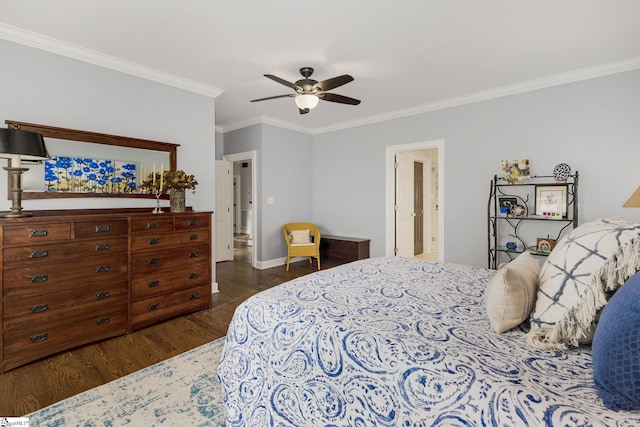 bedroom with connected bathroom, dark wood-type flooring, ceiling fan, and ornamental molding