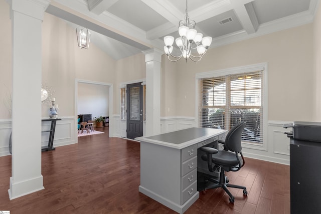 office space with dark hardwood / wood-style flooring, ornate columns, coffered ceiling, beam ceiling, and an inviting chandelier