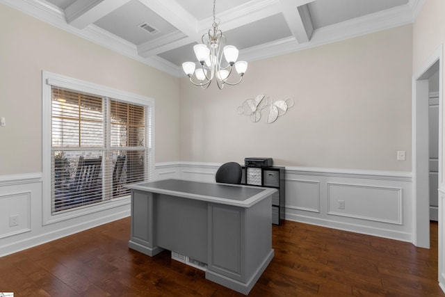 office area featuring beamed ceiling, a notable chandelier, dark wood-type flooring, and coffered ceiling