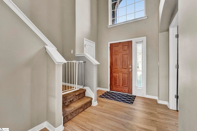 foyer entrance with a towering ceiling and light hardwood / wood-style flooring