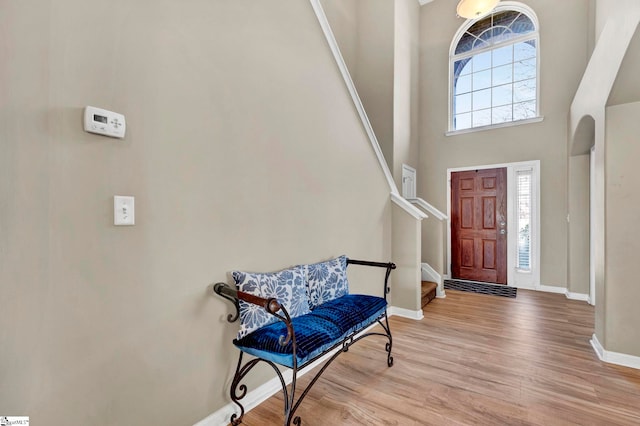 foyer entrance with light hardwood / wood-style flooring and a towering ceiling