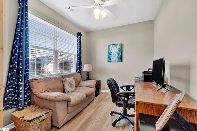 home office featuring light hardwood / wood-style floors and ceiling fan