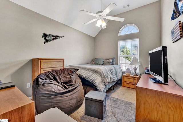 bedroom with ceiling fan and lofted ceiling