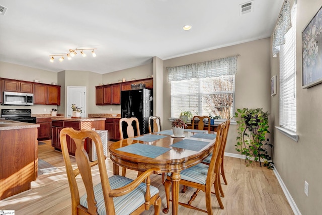 dining area with a wealth of natural light and light hardwood / wood-style floors