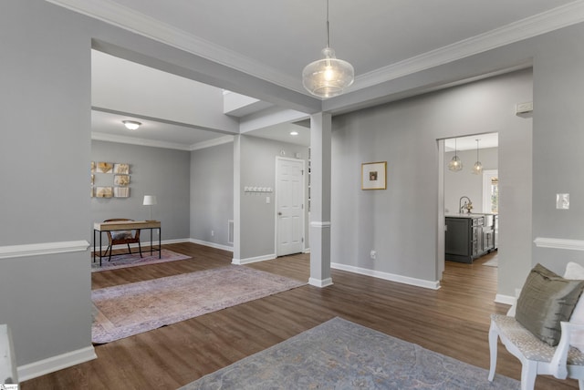 foyer with sink, dark hardwood / wood-style flooring, and crown molding