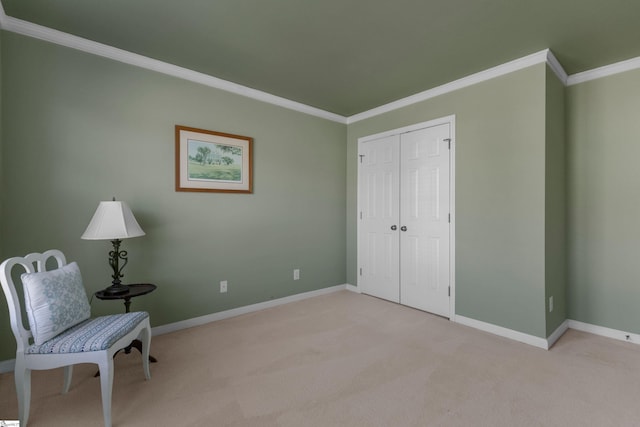 living area with light colored carpet and ornamental molding