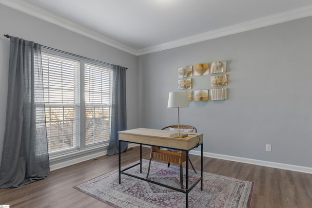 office area featuring hardwood / wood-style floors and crown molding