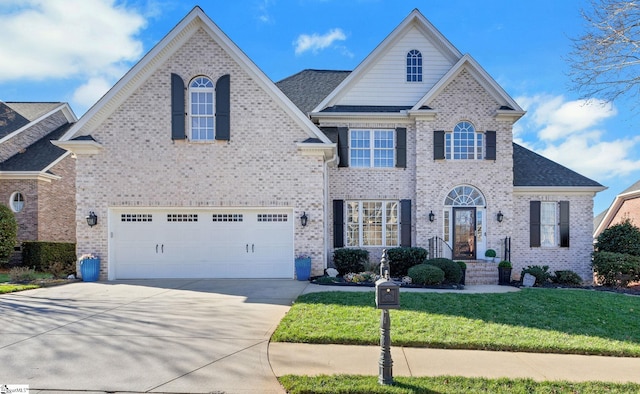 view of front of house with a front yard and a garage