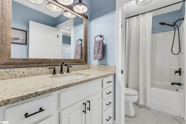 full bathroom with tile patterned floors, vanity, shower / tub combo, and toilet