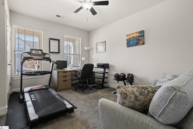 office area with carpet flooring and ceiling fan