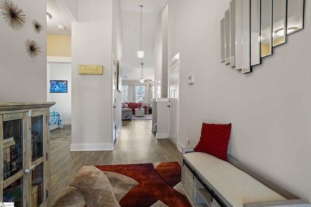 hallway featuring a high ceiling and hardwood / wood-style flooring