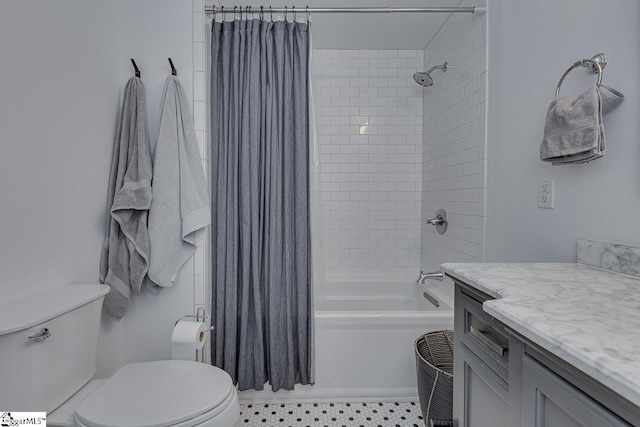 full bathroom with shower / bath combo, toilet, and vanity