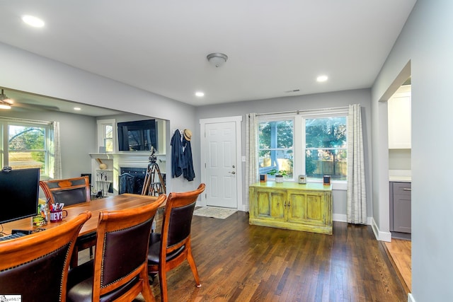 dining area with a healthy amount of sunlight and dark wood-type flooring