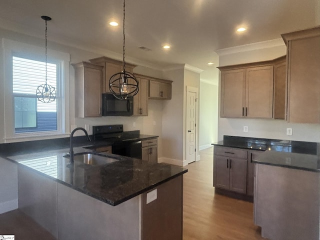 kitchen with pendant lighting, black appliances, sink, ornamental molding, and light hardwood / wood-style floors