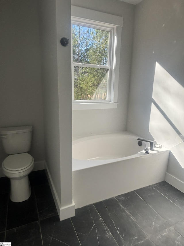 bathroom with toilet and a tub to relax in