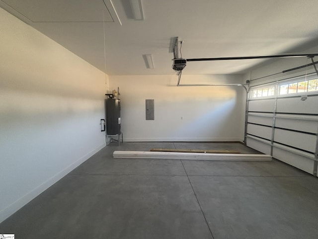 garage featuring electric panel, a garage door opener, and water heater