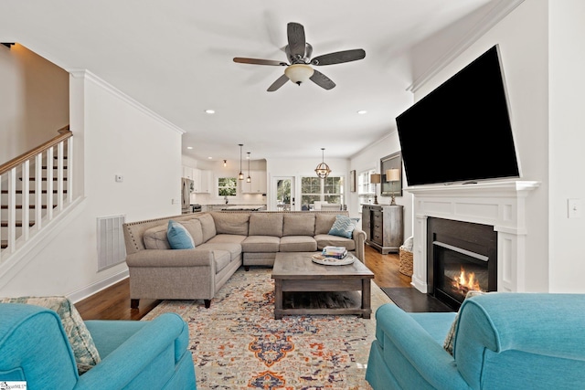 living room featuring ceiling fan, wood-type flooring, and crown molding