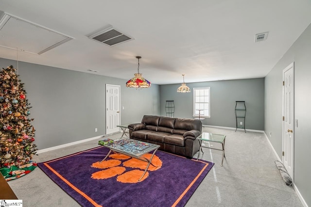 living room featuring light carpet