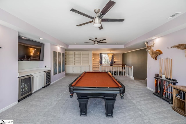 game room with pool table, beverage cooler, visible vents, and light colored carpet