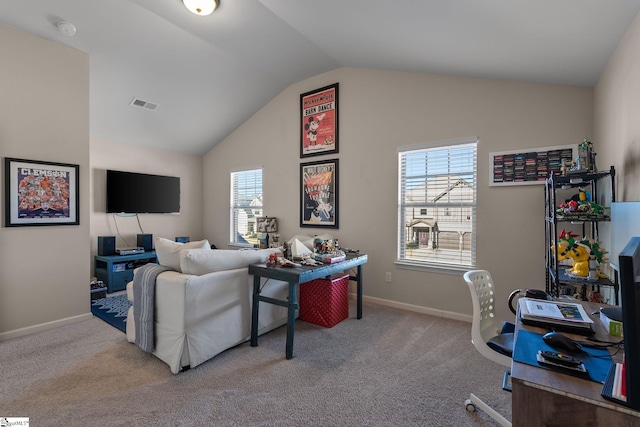 living room featuring light colored carpet and lofted ceiling