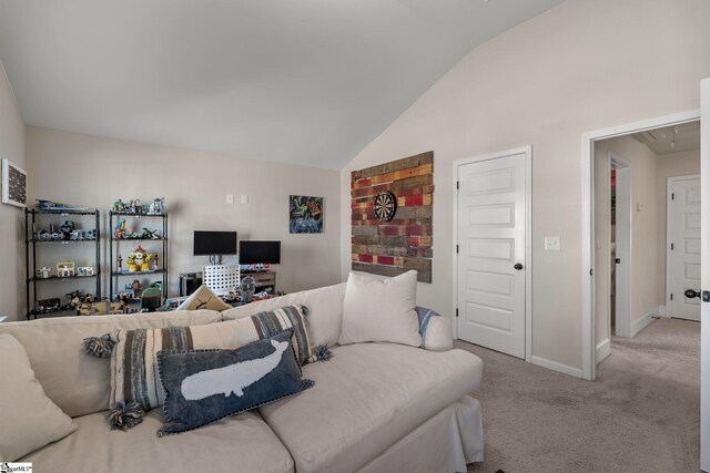 living room with light carpet and lofted ceiling