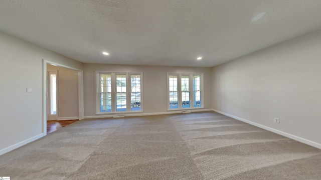 spare room featuring a textured ceiling and light carpet