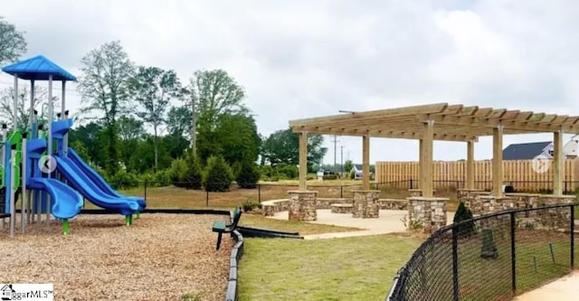 view of play area with a pergola