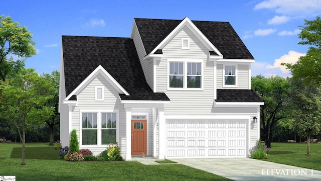 view of front facade with a garage and a front lawn