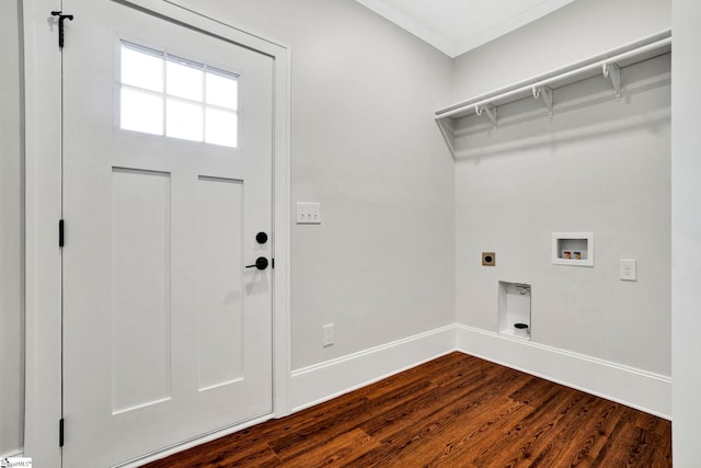 laundry area featuring crown molding, dark hardwood / wood-style flooring, washer hookup, and hookup for an electric dryer