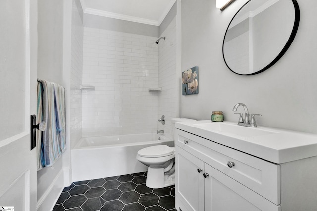 full bathroom featuring crown molding, vanity, tiled shower / bath combo, and toilet