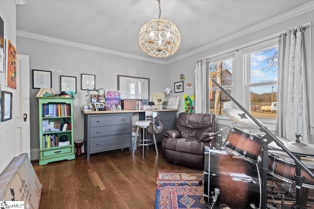 living area with crown molding, dark hardwood / wood-style floors, and a notable chandelier