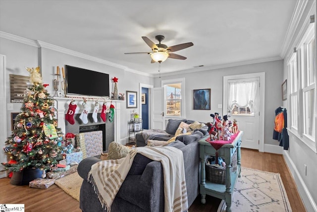 living room with crown molding, ceiling fan, and hardwood / wood-style floors