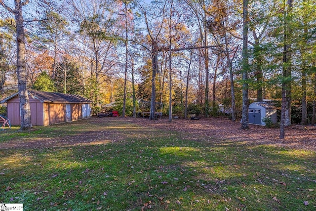 view of yard featuring a storage shed